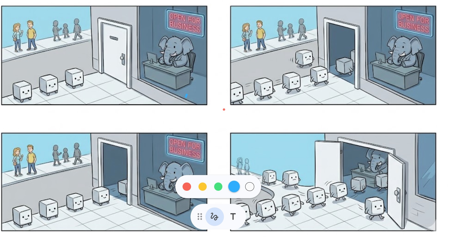 Storyboard frames showing a friendly PostgreSQL elephant behind a desk and AKS shipping containers walking through a door beneath an OPEN FOR BUSINESS sign