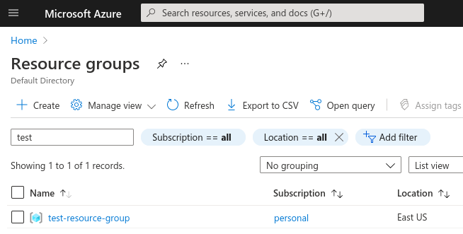 Resource Groups listing in Azure Portal